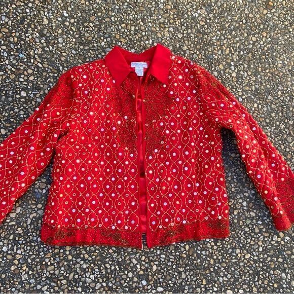 Vtg Drapers & Damon’s bright red ethnic beaded gold trim mirror disc jacket - Picture 1 of 8